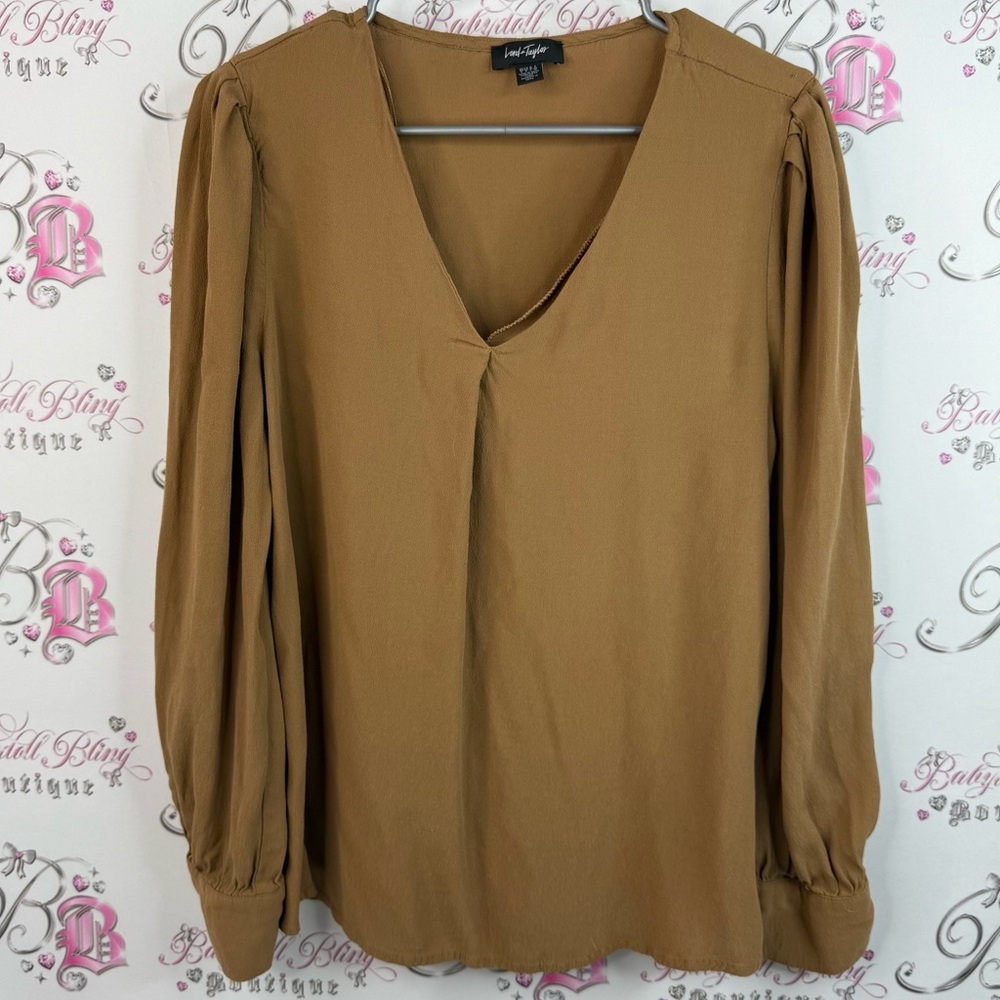 Lord & Taylor shirt blouse flowy V-Neck Long Sleeve Blouse in Camel Brown